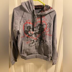 Disney Store M Jacket Hoodie Zip Front Mickey Minnie Mouse Love Gray Medium Med